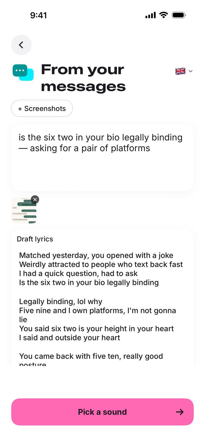 Whim reading a chat screenshot and drafting lyrics